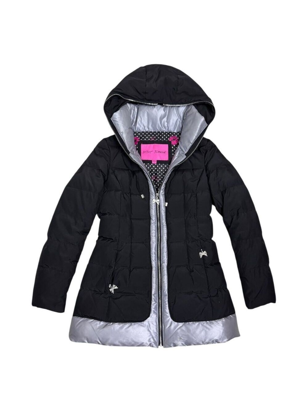 BETSEY JOHNSON Down & Feather Black Designer Winter Puffer Parka Coat Womens S